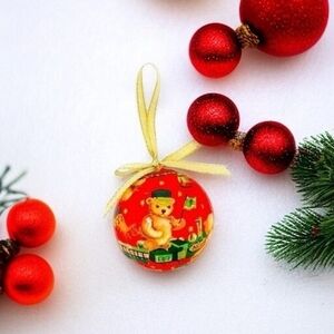 Vintage Jolly Paper Mache Christmas Ornament 3" Ball Red Gold Gloss Handmade VG